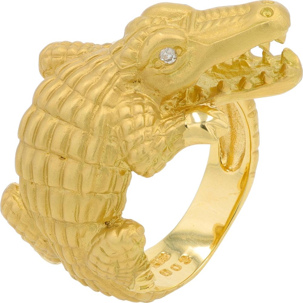 18K Yellow Gold Alligator Motif Ring with 0.03 Carat Diamond Eye