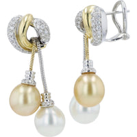 18K Yellow Gold and 14K White Gold Dangle Earrings with 9.5 - 10.5mm Pearls and 0.75 Carat Total Diamond Weight