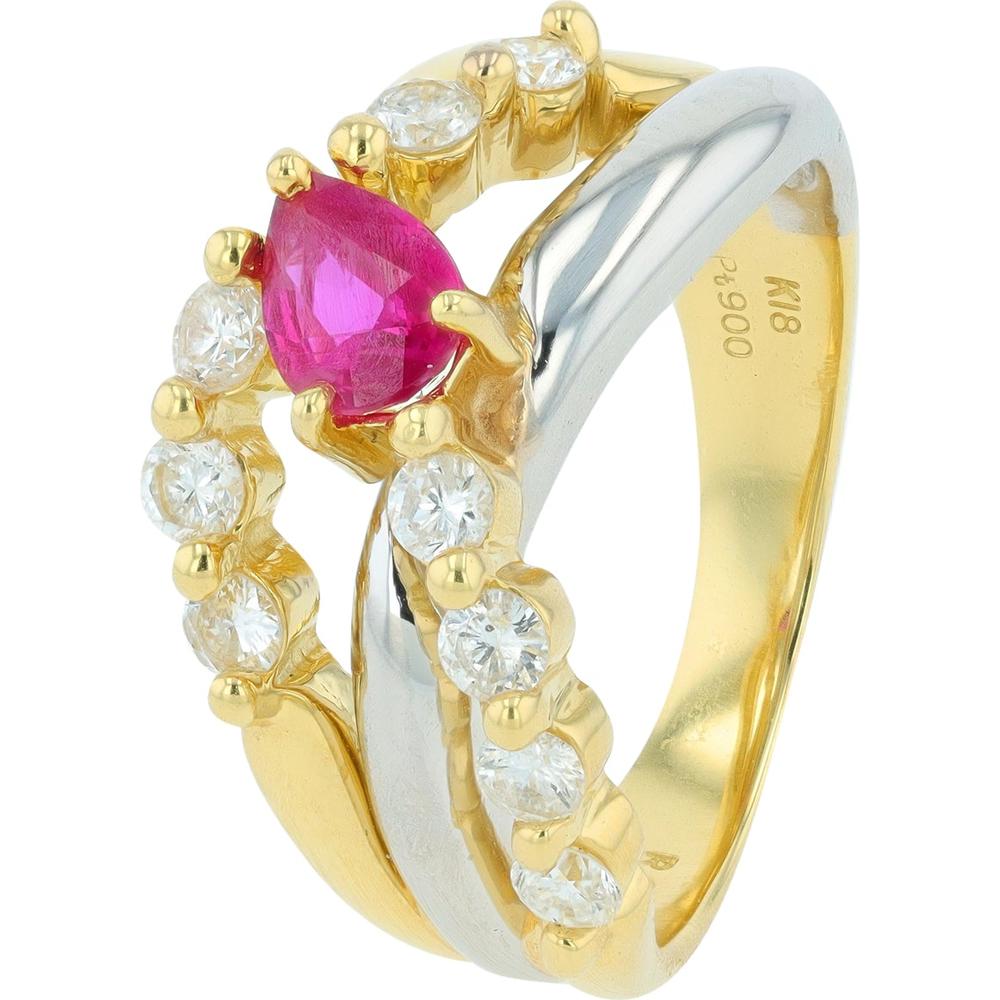 18K Yellow Gold and Platinum 0.50 Carat Pear - Shaped Ruby Ring with 0.41 Carats Round Diamond Halo