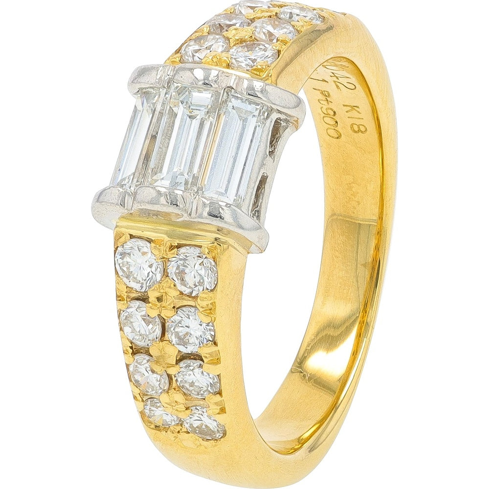 18K Yellow Gold and Platinum 0.83 Carat Total Weight Diamond Ring with Baguette and Round Cut Stones