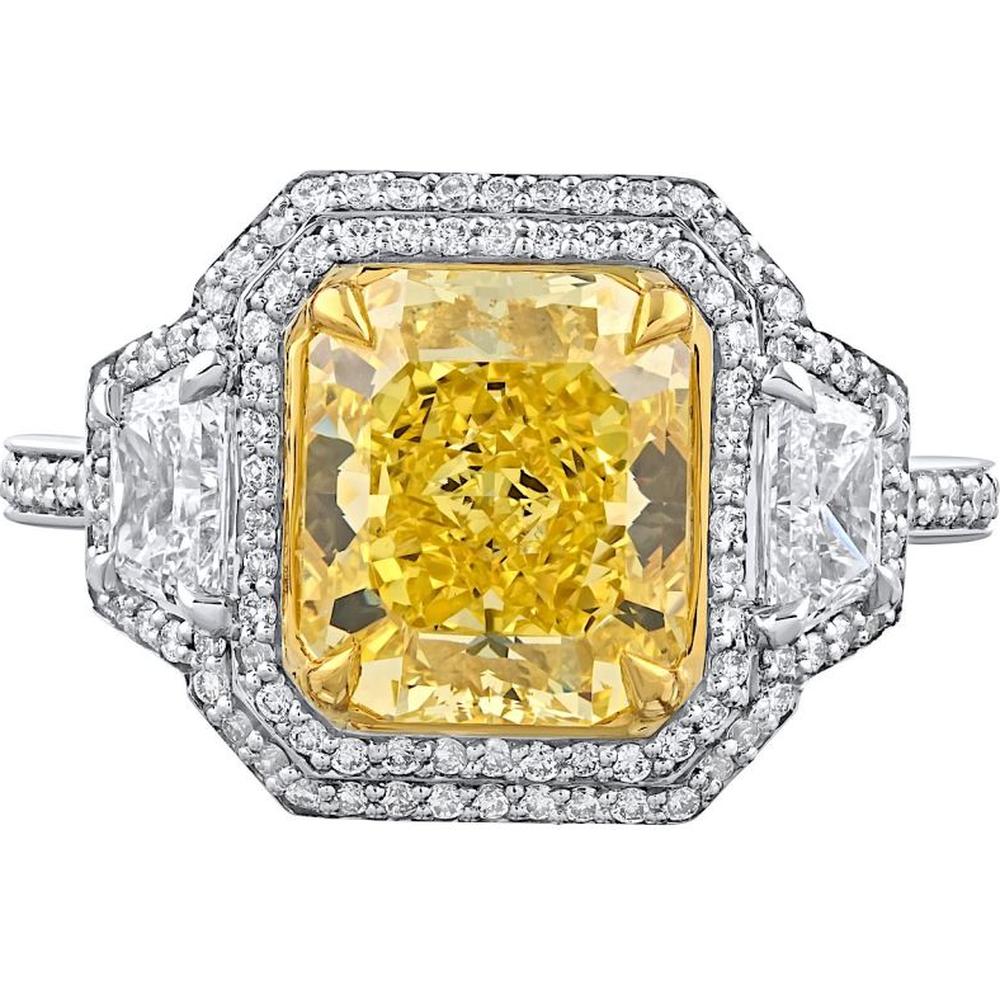 18K Yellow Gold & Platinum 3-Stone Ring with GIA-Certified 3.26 Carats Fancy Vivid Yellow Radiant Diamond and 1.03 Carats Total Side and Halo Diamonds
