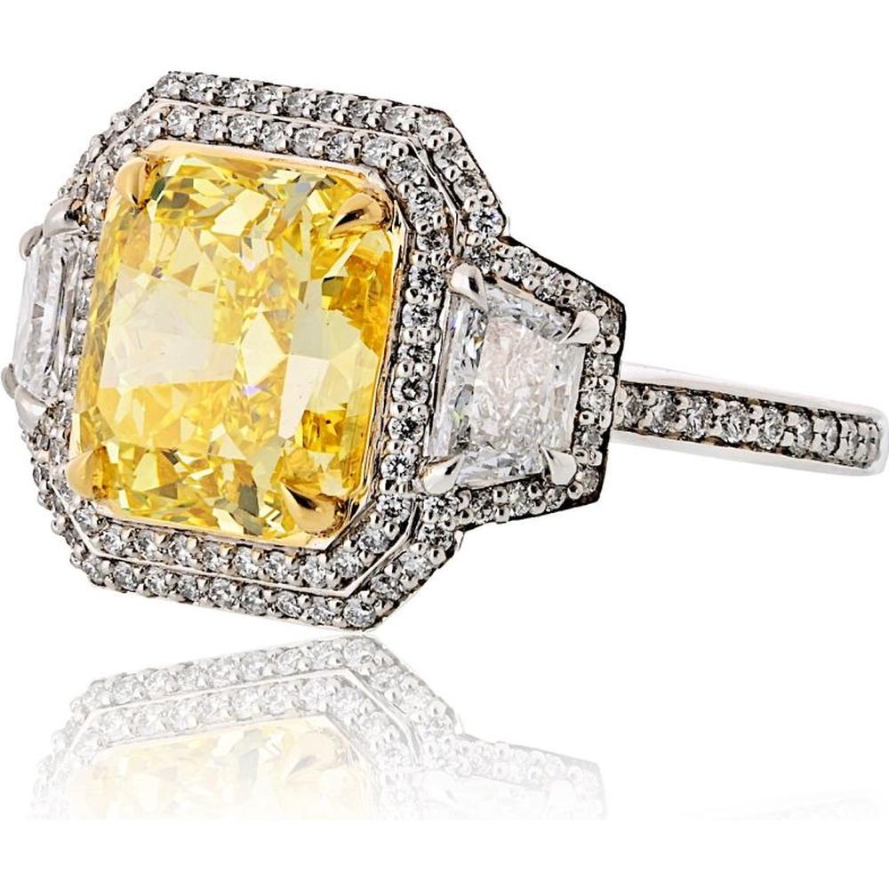 18K Yellow Gold & Platinum 3-Stone Ring with GIA-Certified 3.26 Carats Fancy Vivid Yellow Radiant Diamond and 1.03 Carats Total Side and Halo Diamonds