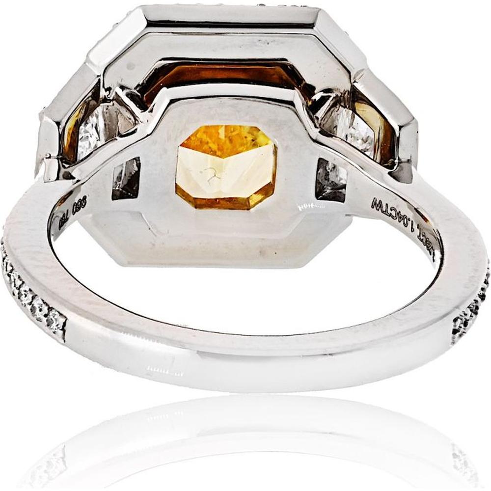 18K Yellow Gold & Platinum 3-Stone Ring with GIA-Certified 3.26 Carats Fancy Vivid Yellow Radiant Diamond and 1.03 Carats Total Side and Halo Diamonds