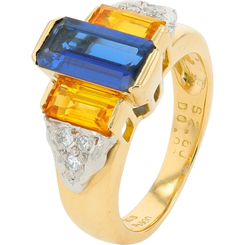 18K Yellow Gold and Platinum 3-Stone Ring with Rectangular Blue and Yellow Sapphires - 2.60 Carat Total Gem Weight with 0.09 Carat Diamond Accents