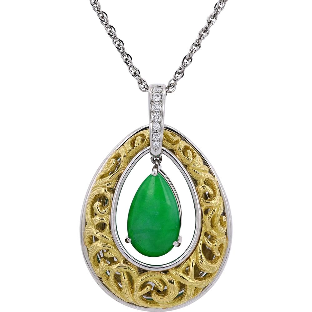 18K Yellow Gold and Platinum 5.11 Carat Pear Cut Jade Pendant with Diamond Accents