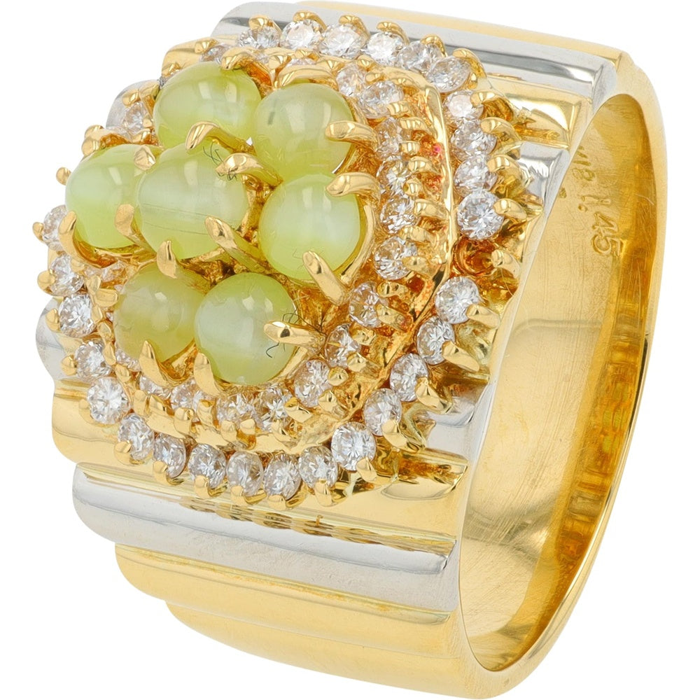 18K Yellow Gold and Platinum 900 Halo Ring with Cabochon Cat's Eye and Round Diamonds - 1.45 Carat Total Cat's Eye Weight and 0.56 Carat Total Diamond Weight
