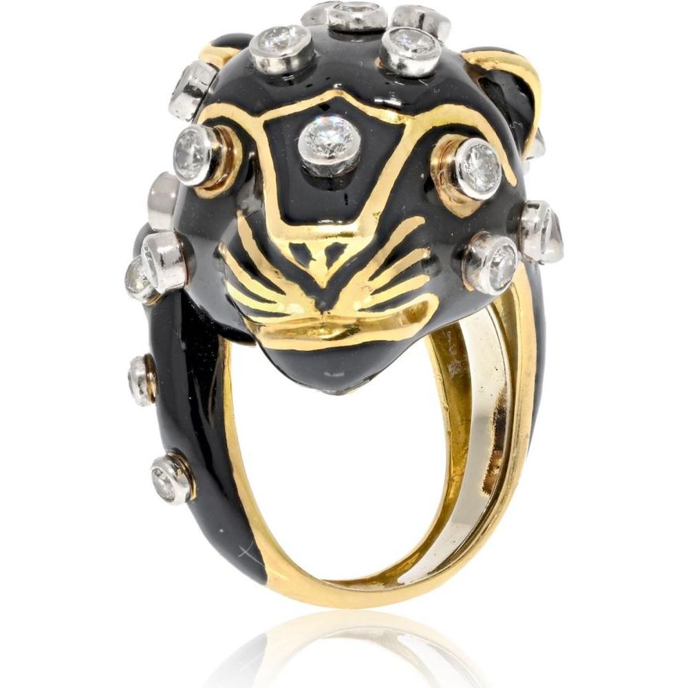 18K Yellow Gold & Platinum Black Enamel Leopard Ring with Bezel-Set Round Diamonds by David Webb - Signed, Size 7, 27.1g