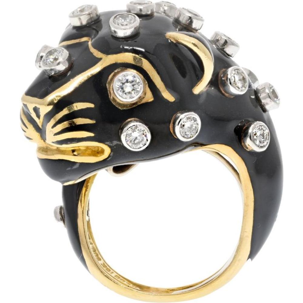 18K Yellow Gold & Platinum Black Enamel Leopard Ring with Bezel-Set Round Diamonds by David Webb - Signed, Size 7, 27.1g