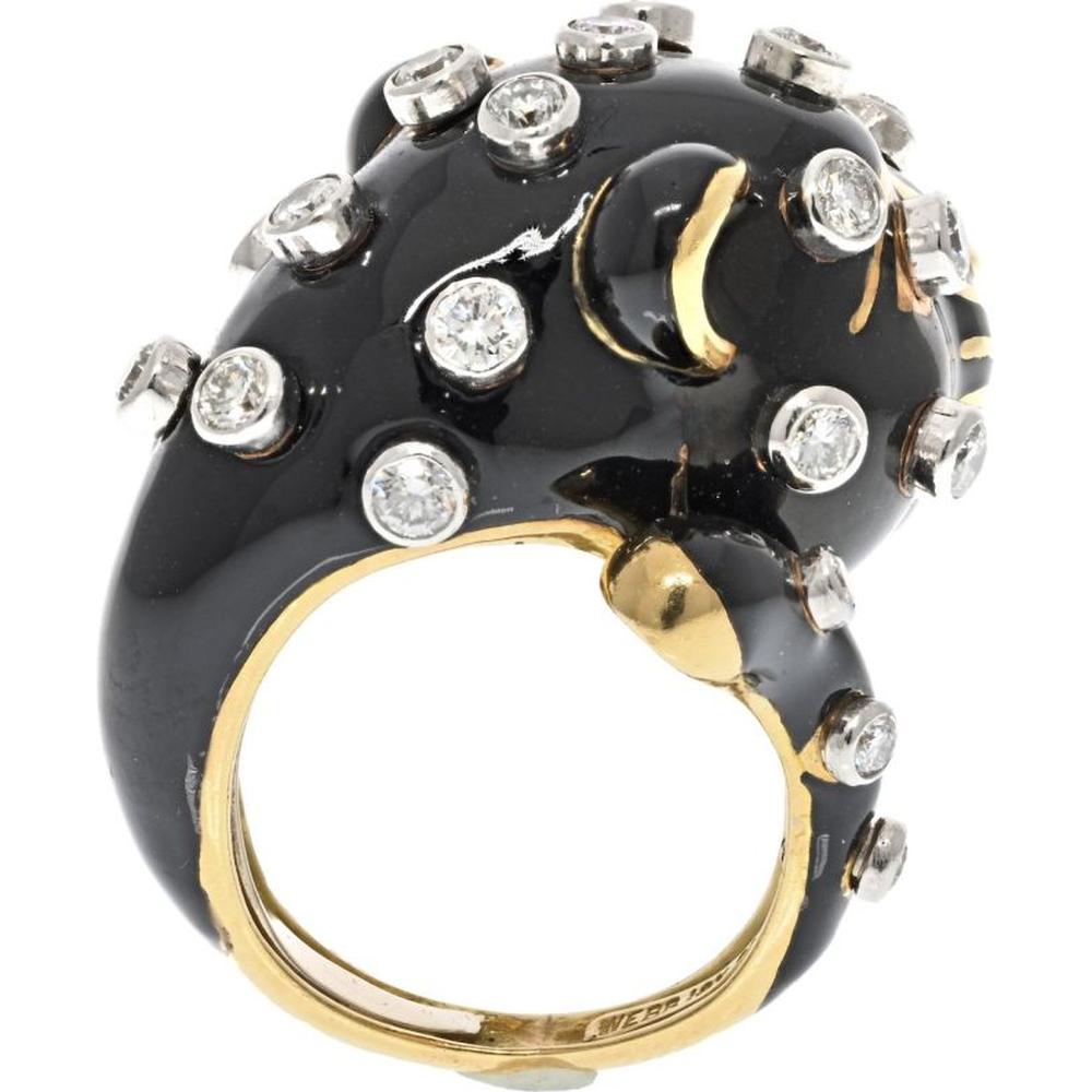18K Yellow Gold & Platinum Black Enamel Leopard Ring with Bezel-Set Round Diamonds by David Webb - Signed, Size 7, 27.1g