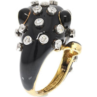 18K Yellow Gold & Platinum Black Enamel Leopard Ring with Bezel-Set Round Diamonds by David Webb - Signed, Size 7, 27.1g