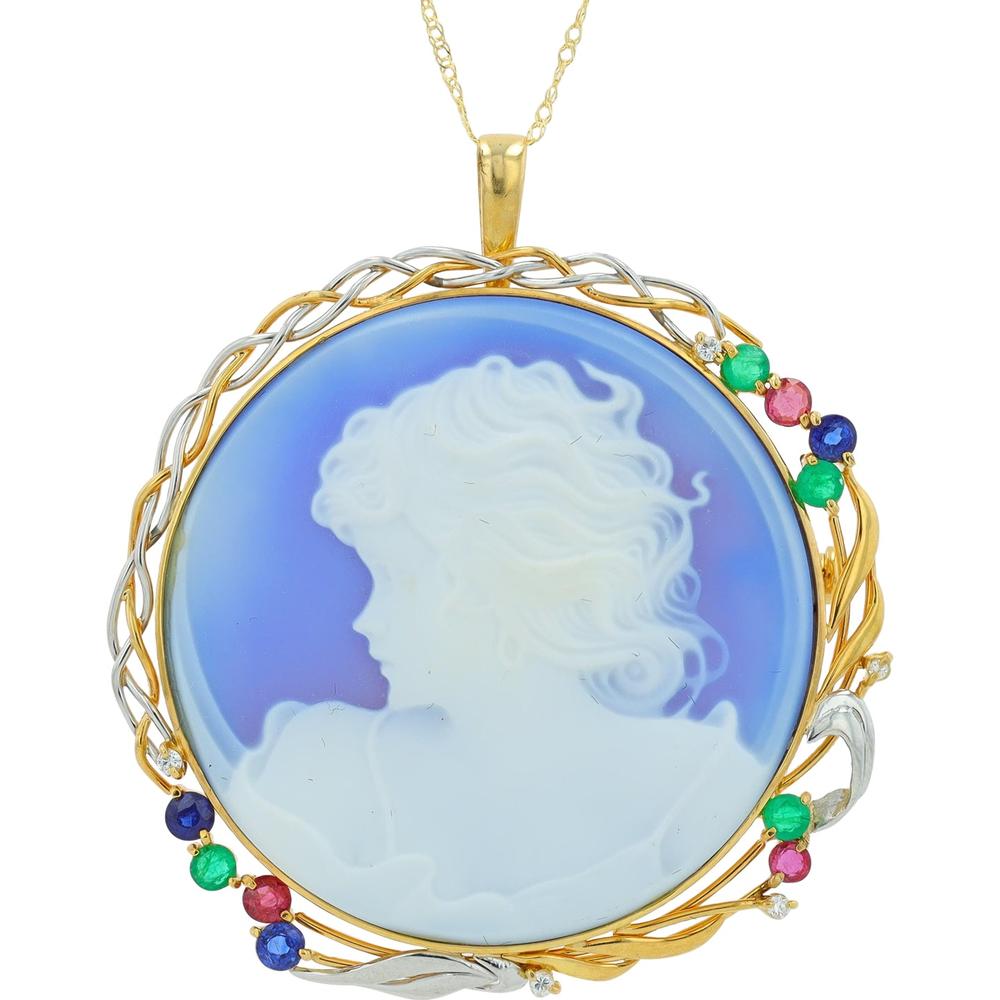 18K Yellow Gold and Platinum Cameo Pendant with Ruby, Emerald, Sapphire, and Diamond Accents - 3.06 Carat Total Gem Weight