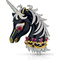 18K Yellow Gold and Platinum David Webb Unicorn Brooch with Ruby and Diamond Accents - 1965