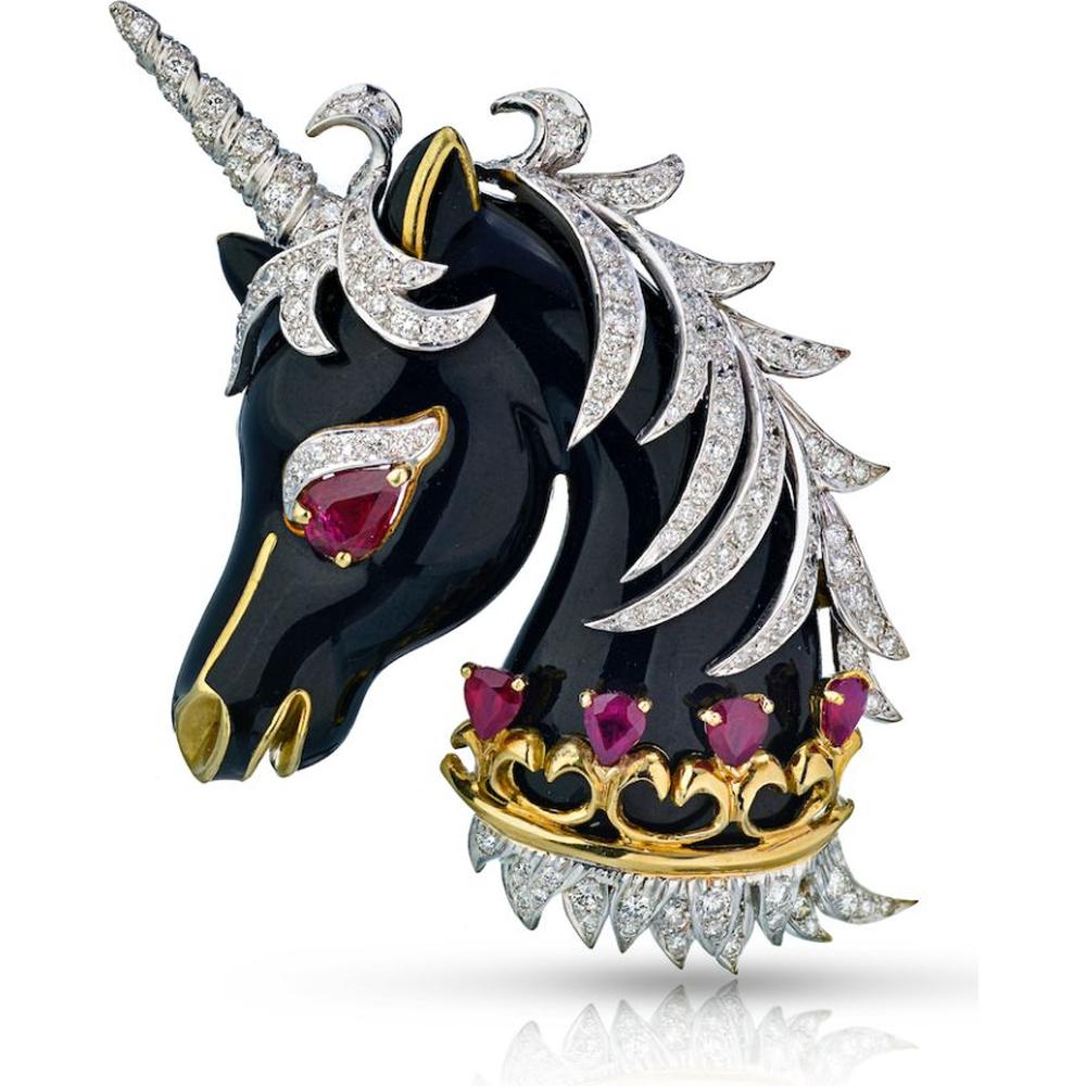 18K Yellow Gold and Platinum David Webb Unicorn Brooch with Ruby and Diamond Accents - 1965
