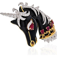 18K Yellow Gold and Platinum David Webb Unicorn Brooch with Ruby and Diamond Accents - 1965