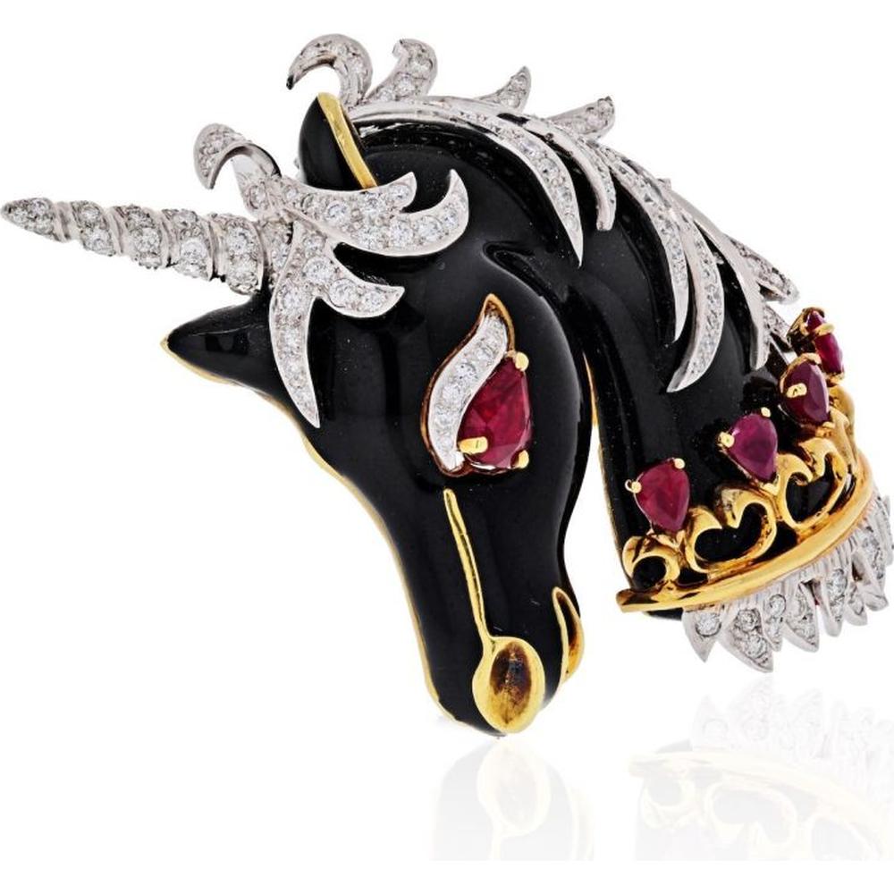 18K Yellow Gold and Platinum David Webb Unicorn Brooch with Ruby and Diamond Accents - 1965