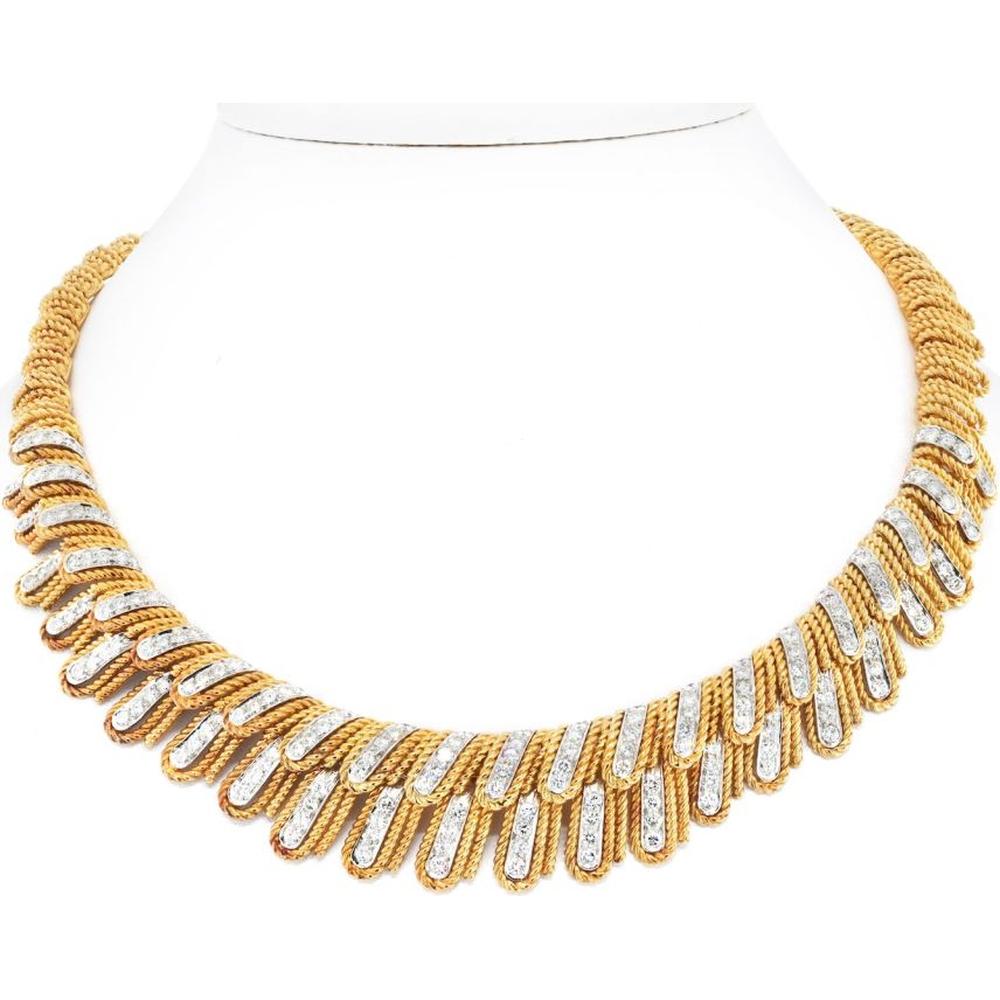 David Webb 18K Yellow Gold & Platinum Diamond Feather Collar Necklace - Timeless Elegance