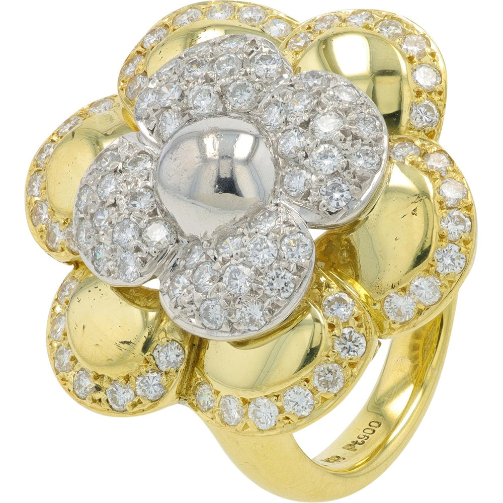 18K Yellow Gold and Platinum Diamond Flower Ring with Round Brilliant Cut Diamonds - 1.40 Carat Total Diamond Weight
