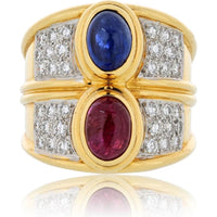 18K Yellow Gold and Platinum Diamond, Sapphire, and Ruby Garden Ring