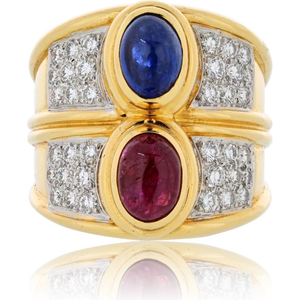 18K Yellow Gold and Platinum Diamond, Sapphire, and Ruby Garden Ring
