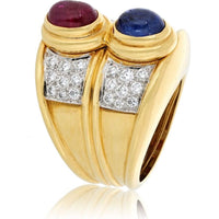 18K Yellow Gold and Platinum Diamond, Sapphire, and Ruby Garden Ring