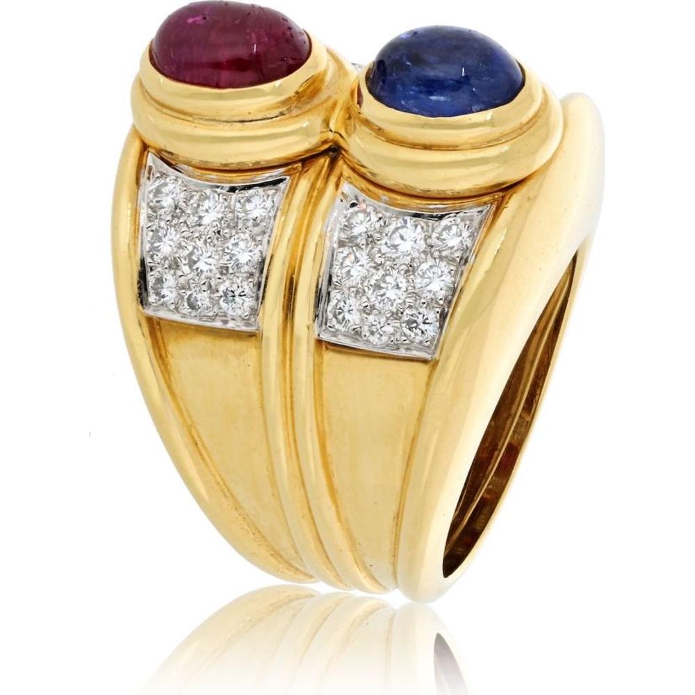 18K Yellow Gold and Platinum Diamond, Sapphire, and Ruby Garden Ring