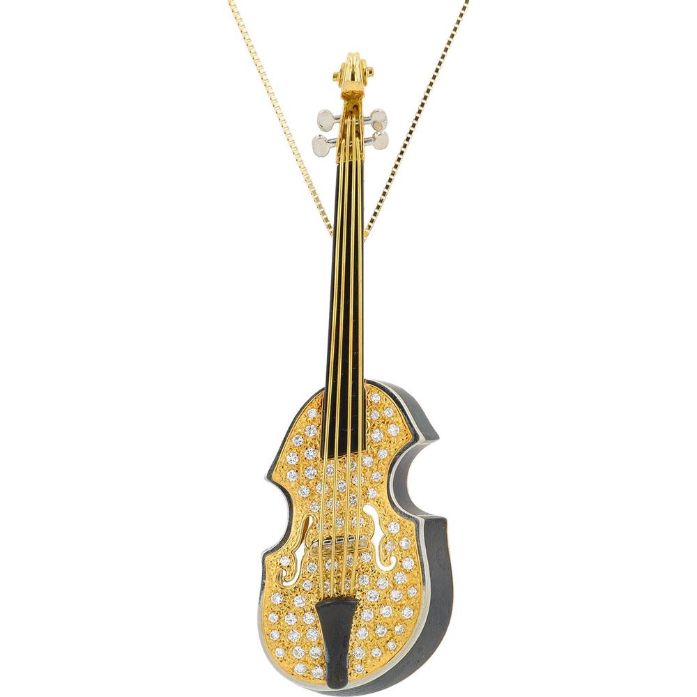 18K Yellow Gold and Platinum Diamond Violin Pendant - 0.68 Carats Total Diamond Weight