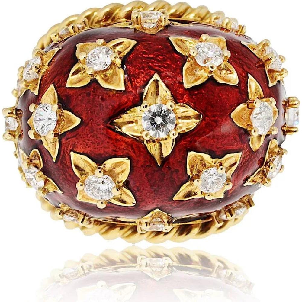 18K Yellow Gold & Platinum Dome Ring with Red Enamel and 1.98 Carats Diamond Accents by David Webb