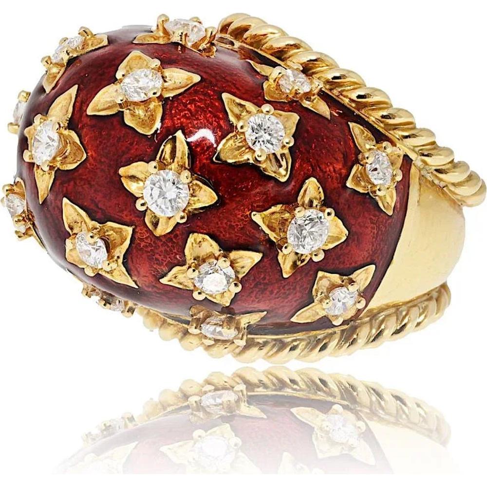 18K Yellow Gold & Platinum Dome Ring with Red Enamel and 1.98 Carats Diamond Accents by David Webb