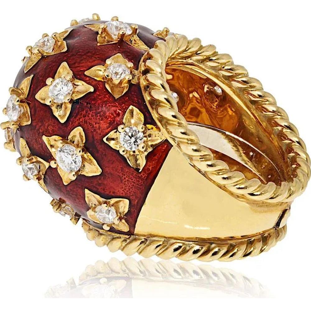 18K Yellow Gold & Platinum Dome Ring with Red Enamel and 1.98 Carats Diamond Accents by David Webb
