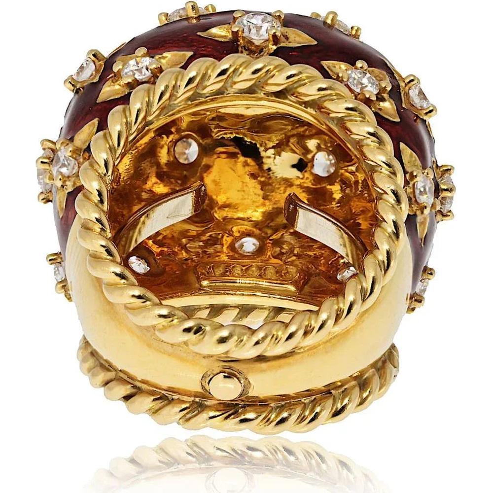 18K Yellow Gold & Platinum Dome Ring with Red Enamel and 1.98 Carats Diamond Accents by David Webb