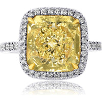 18K Yellow Gold and Platinum Fancy Yellow Diamond Ring with Round Brilliant Diamond Halo - 5.28 Carats Total Diamond Weight
