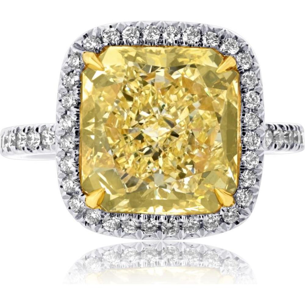 18K Yellow Gold and Platinum Fancy Yellow Diamond Ring with Round Brilliant Diamond Halo - 5.28 Carats Total Diamond Weight