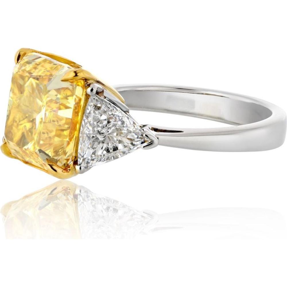 18K Yellow Gold and Platinum Fancy Yellow Diamond Ring with Trilliant Side Stones - 5.81 Carats Total Diamond Weight