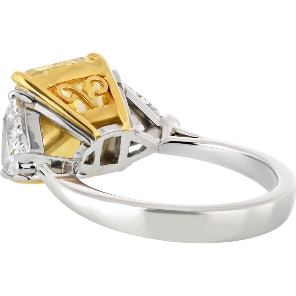 18K Yellow Gold and Platinum Fancy Yellow Diamond Ring with Trilliant Side Stones - 5.81 Carats Total Diamond Weight