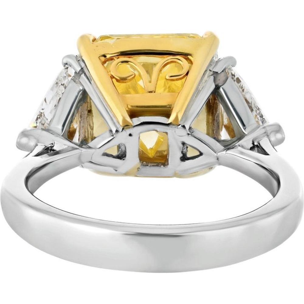 18K Yellow Gold and Platinum Fancy Yellow Diamond Ring with Trilliant Side Stones - 5.81 Carats Total Diamond Weight