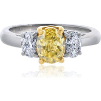 18K Yellow Gold & Platinum Fancy Yellow Oval Diamond Ring with White Diamond Accents - 1.3 Carats Total Diamond Weight