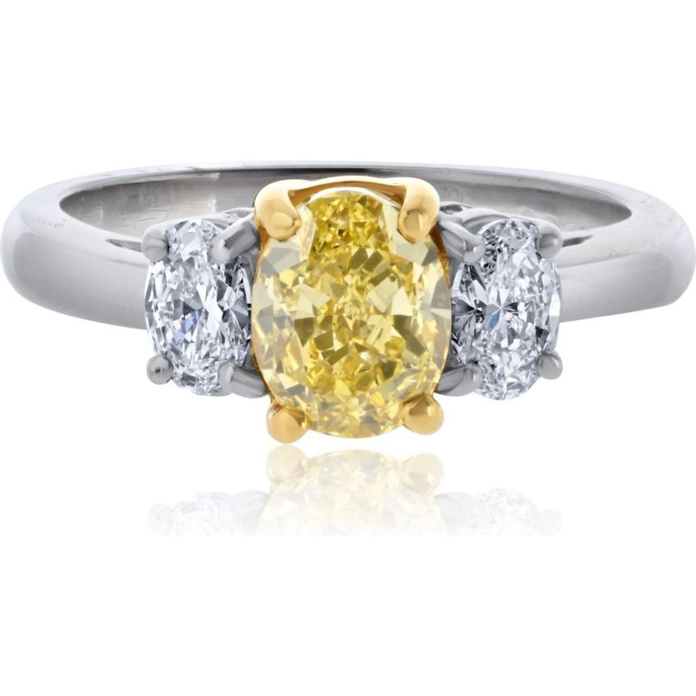 18K Yellow Gold & Platinum Fancy Yellow Oval Diamond Ring with White Diamond Accents - 1.3 Carats Total Diamond Weight
