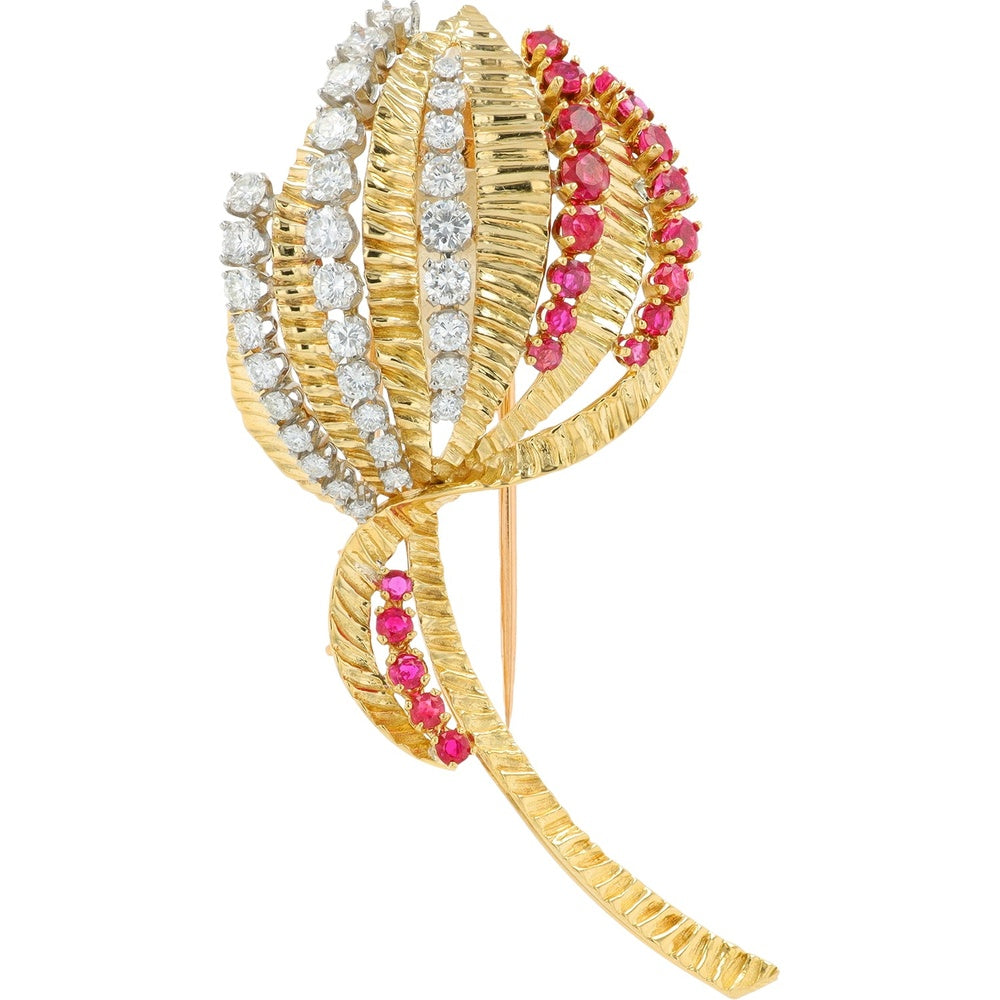 18K Yellow Gold and Platinum Floral Free-Form Brooch with Prong-Set Round Diamonds and Rubies - 2.25 Carat Total Diamond Weight and 1.50 Carat Total Ruby Weight