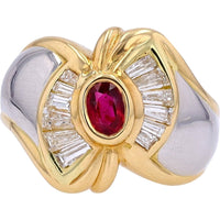 18K Yellow Gold and Platinum Free Form Ring with Bezel Set Oval Ruby and Tapered Baguette Diamonds - 0.43 Carat Ruby and 0.79 Carat Total Diamond Weight