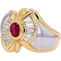 18K Yellow Gold and Platinum Free Form Ring with Bezel Set Oval Ruby and Tapered Baguette Diamonds - 0.43 Carat Ruby and 0.79 Carat Total Diamond Weight
