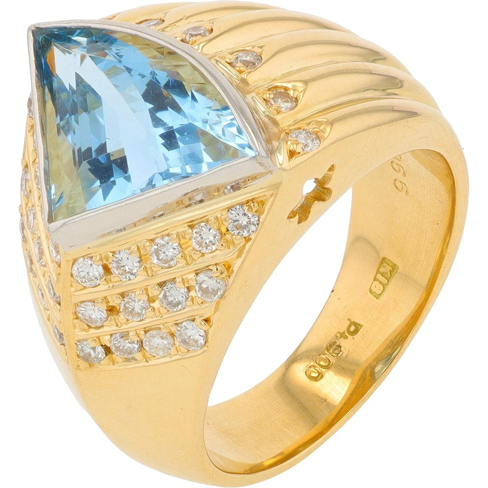 18K Yellow Gold and Platinum Geometric Aquamarine Ring with Graduated Diamond Accents - 2.966 Carat Aquamarine and 0.354 Carat Total Diamond Weight