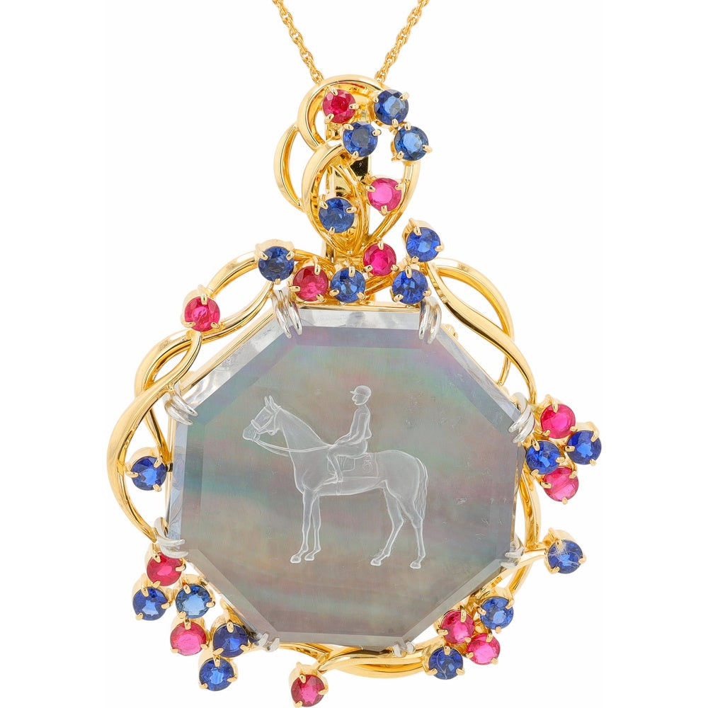 18K Yellow Gold and Platinum Horse & Jockey Intaglio Pendant with 2.97 Carat Round Sapphires and 1.80 Carat Round Rubies on Adjustable Bolo Chain