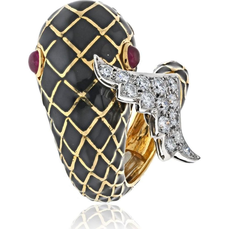 18K Yellow Gold and Platinum Koi Fish Enamel Ring with Ruby Eyes - Statement Piece