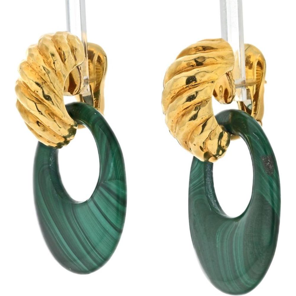 18K Yellow Gold & Platinum Malachite Door Knocker Earrings by David Webb - Bold Statement Drop Earrings