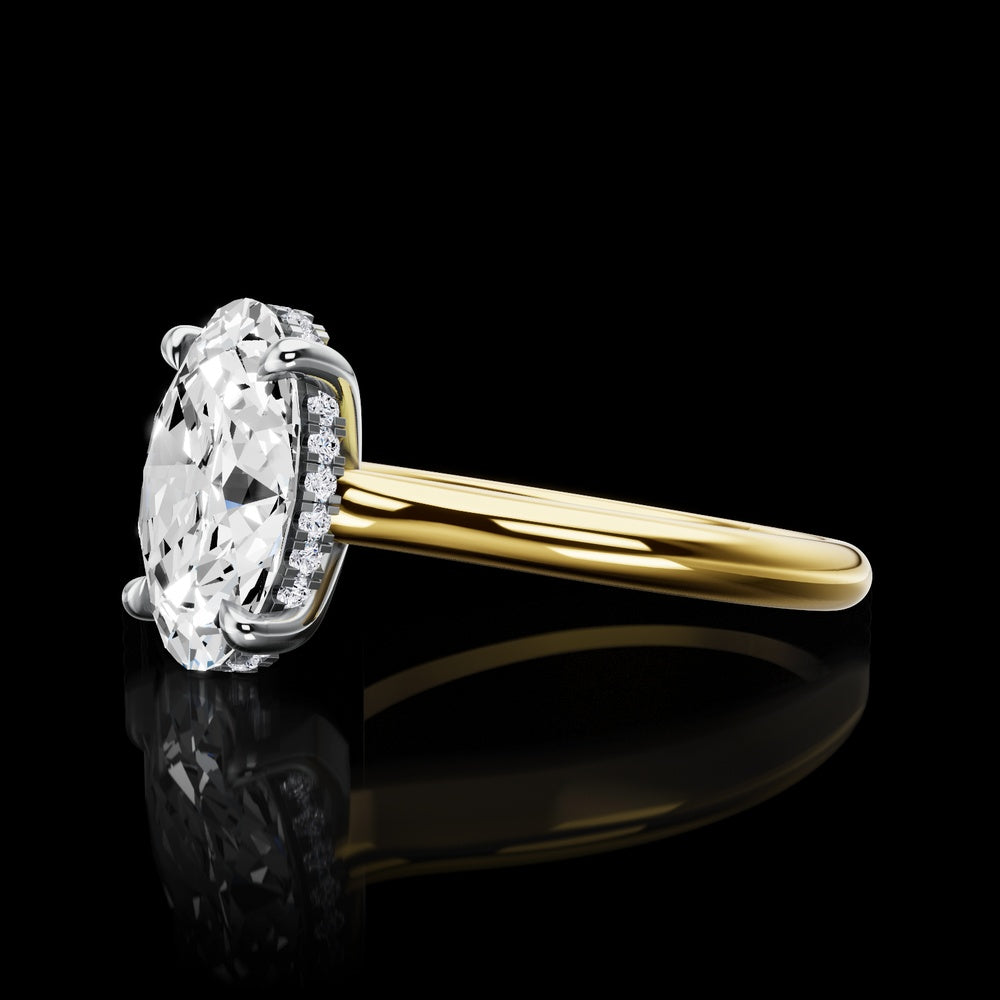 18K Yellow Gold and Platinum Oval Cut Hidden Halo Ring with 2.50 Carat E VVS2 Lab Diamond Center and 0.12 Carat Brilliant Cut Lab Diamond Halo - IGI Certified - Covaloro Fine Jewelry