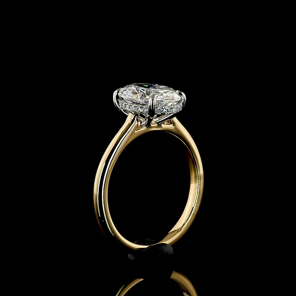 18K Yellow Gold and Platinum Oval Cut Hidden Halo Ring with 2.50 Carat E VVS2 Lab Diamond Center and 0.12 Carat Brilliant Cut Lab Diamond Halo - IGI Certified - Covaloro Fine Jewelry