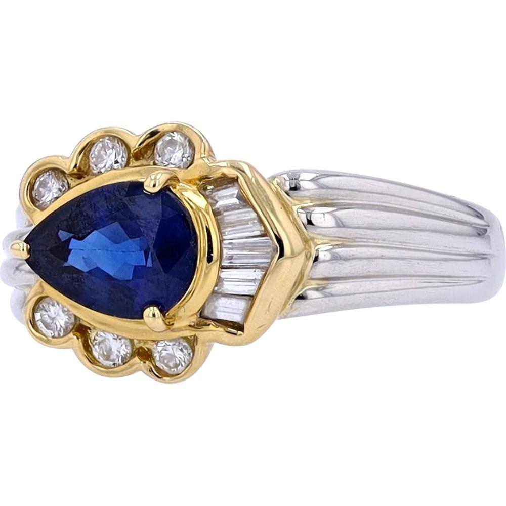 18K Yellow Gold and Platinum Pear-Shaped Sapphire Ring with Diamond Accents - 1.21 Carat Total Sapphire Weight