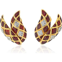 18K Yellow Gold & Platinum Red Enamel Diamond Clip-On Earrings - David Webb Design
