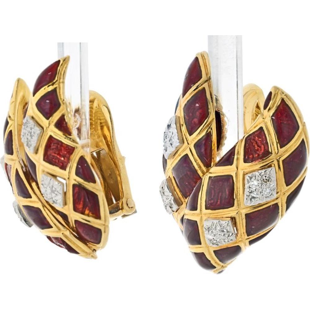 18K Yellow Gold & Platinum Red Enamel Diamond Clip-On Earrings - David Webb Design
