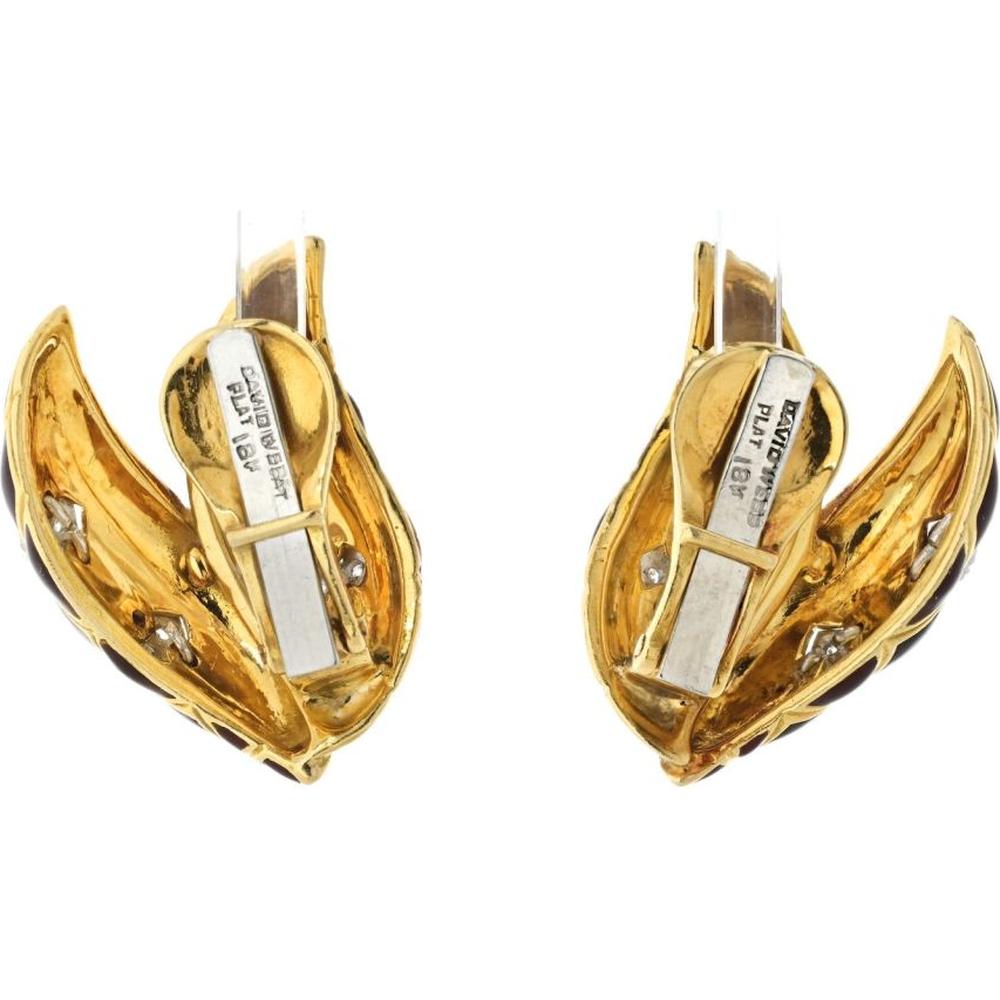 18K Yellow Gold & Platinum Red Enamel Diamond Clip-On Earrings - David Webb Design